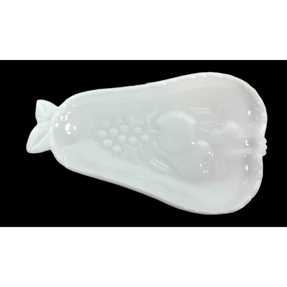 Vtg White Milk‎ Glass Pear Shaped Spoon Rest Trinket Candy Dish 9x5 Grannycore